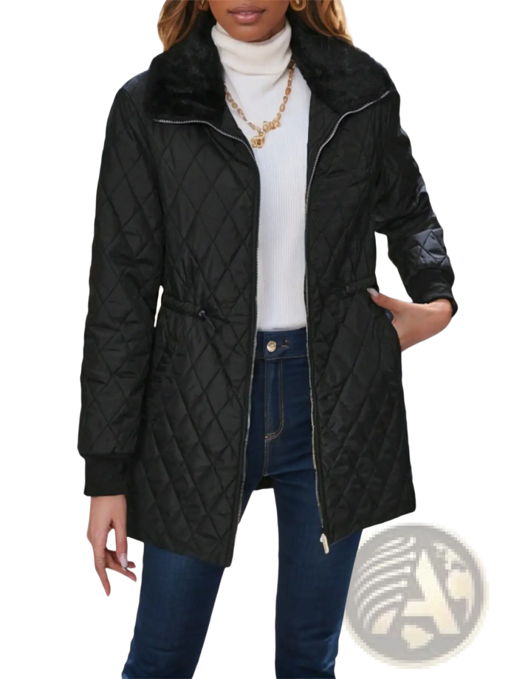 Black quilted padded winter coat with plush faux fur collar and leather-trimmed sleeves for cold weather use
