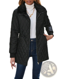 Black quilted padded winter coat with plush faux fur collar and leather-trimmed sleeves for cold weather use