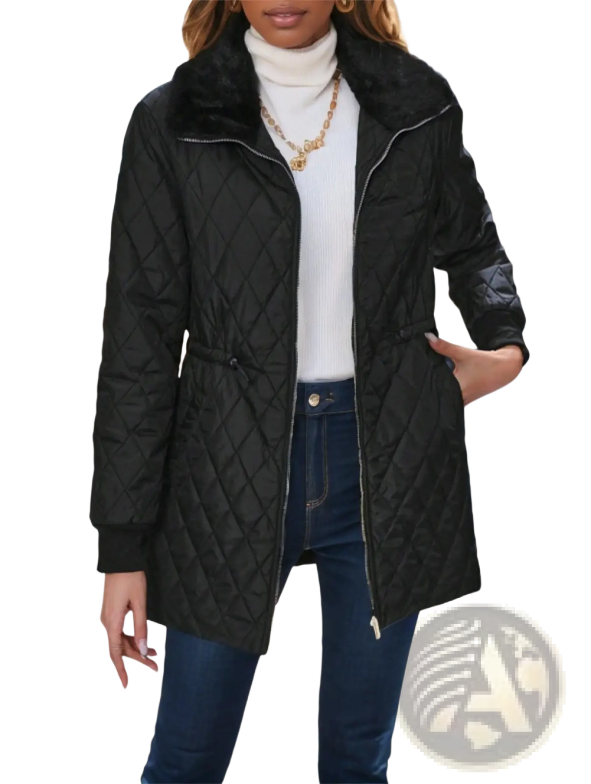 Black quilted padded winter coat with plush faux fur collar and leather-trimmed sleeves for cold weather use