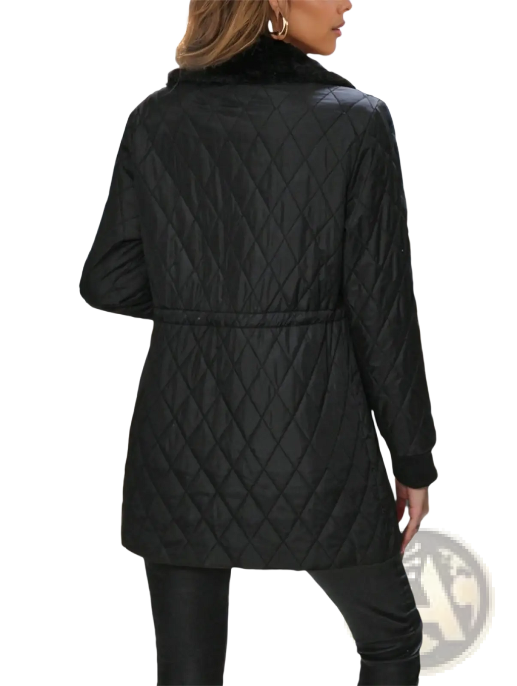 Black quilted padded winter coat with faux fur collar and elastic waistband for cold weather use