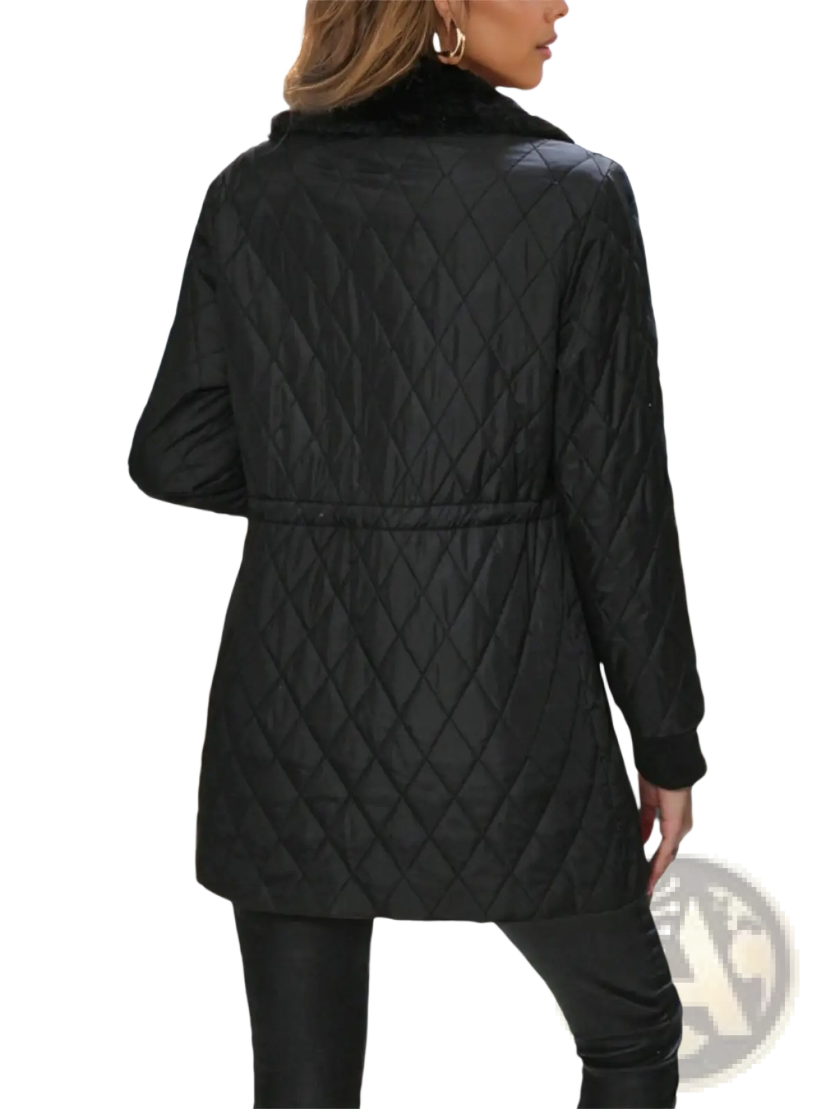 Black quilted padded winter coat with faux fur collar and elastic waistband for cold weather use