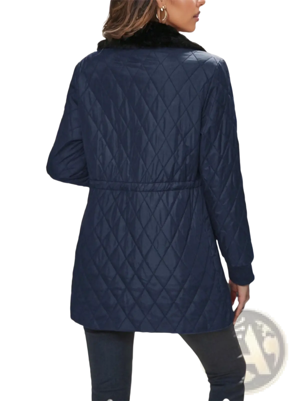 Navy blue quilted padded winter coat with black faux fur collar for warmth and style in cold weather wear
