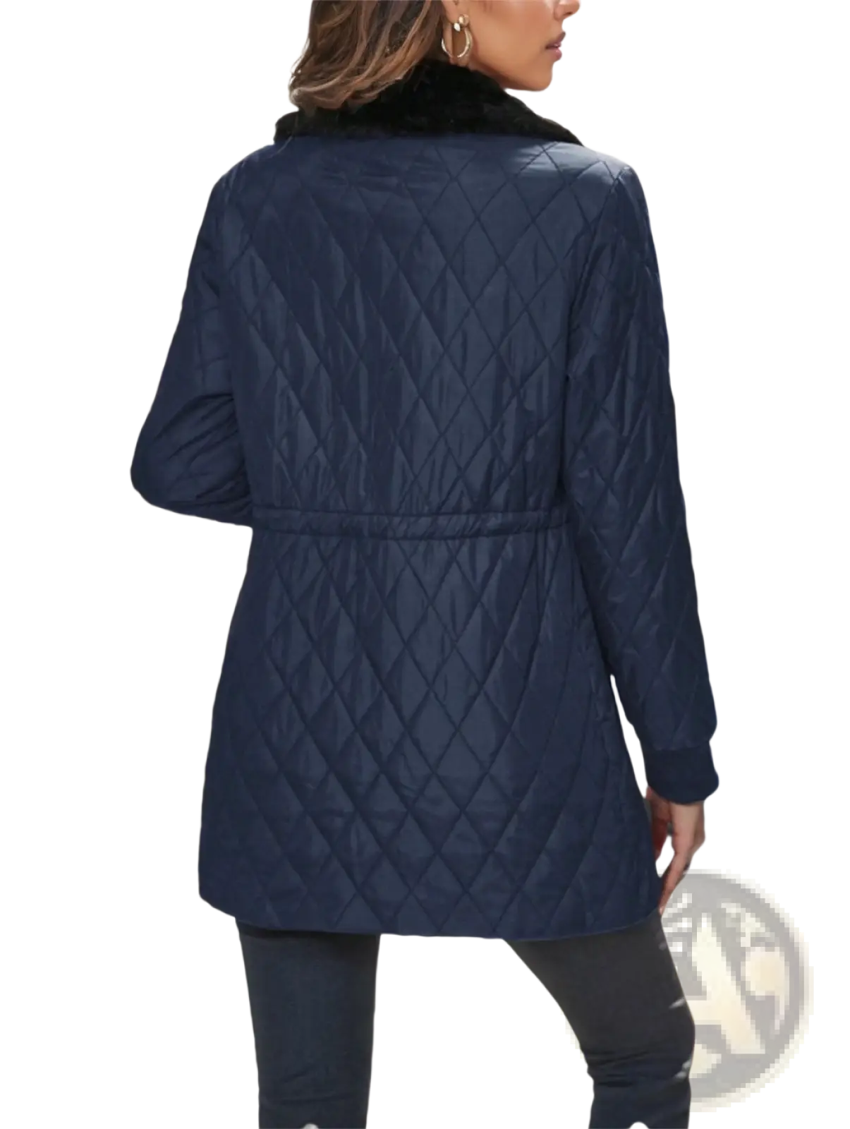 Navy blue quilted padded winter coat with black faux fur collar for warmth and style in cold weather wear