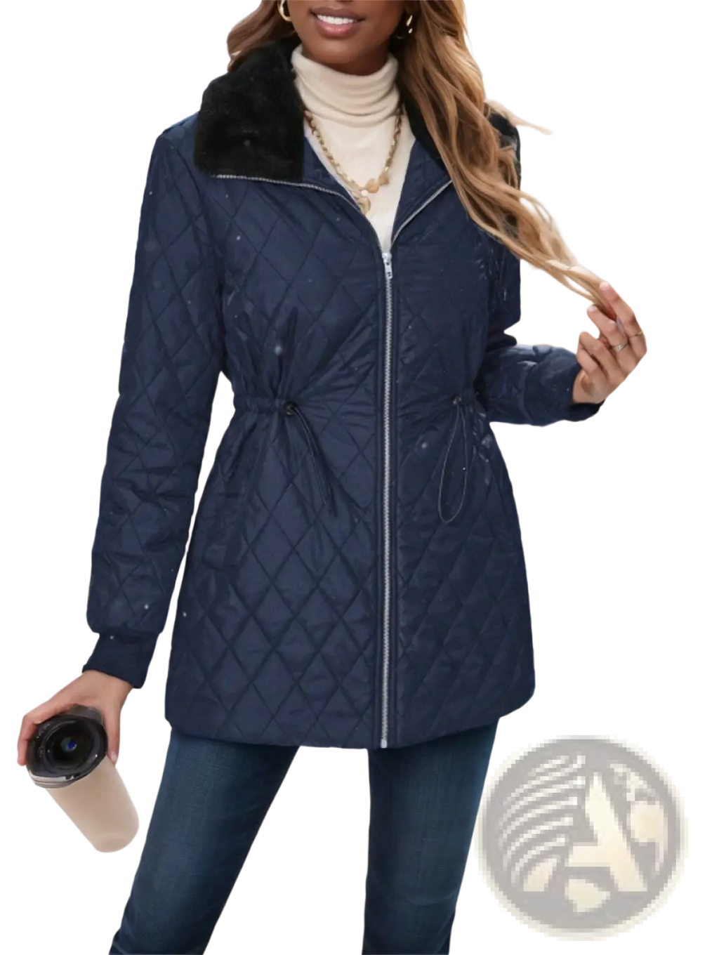 Navy blue quilted faux fur collar padded winter coat with drawstring waistband for cold weather wear