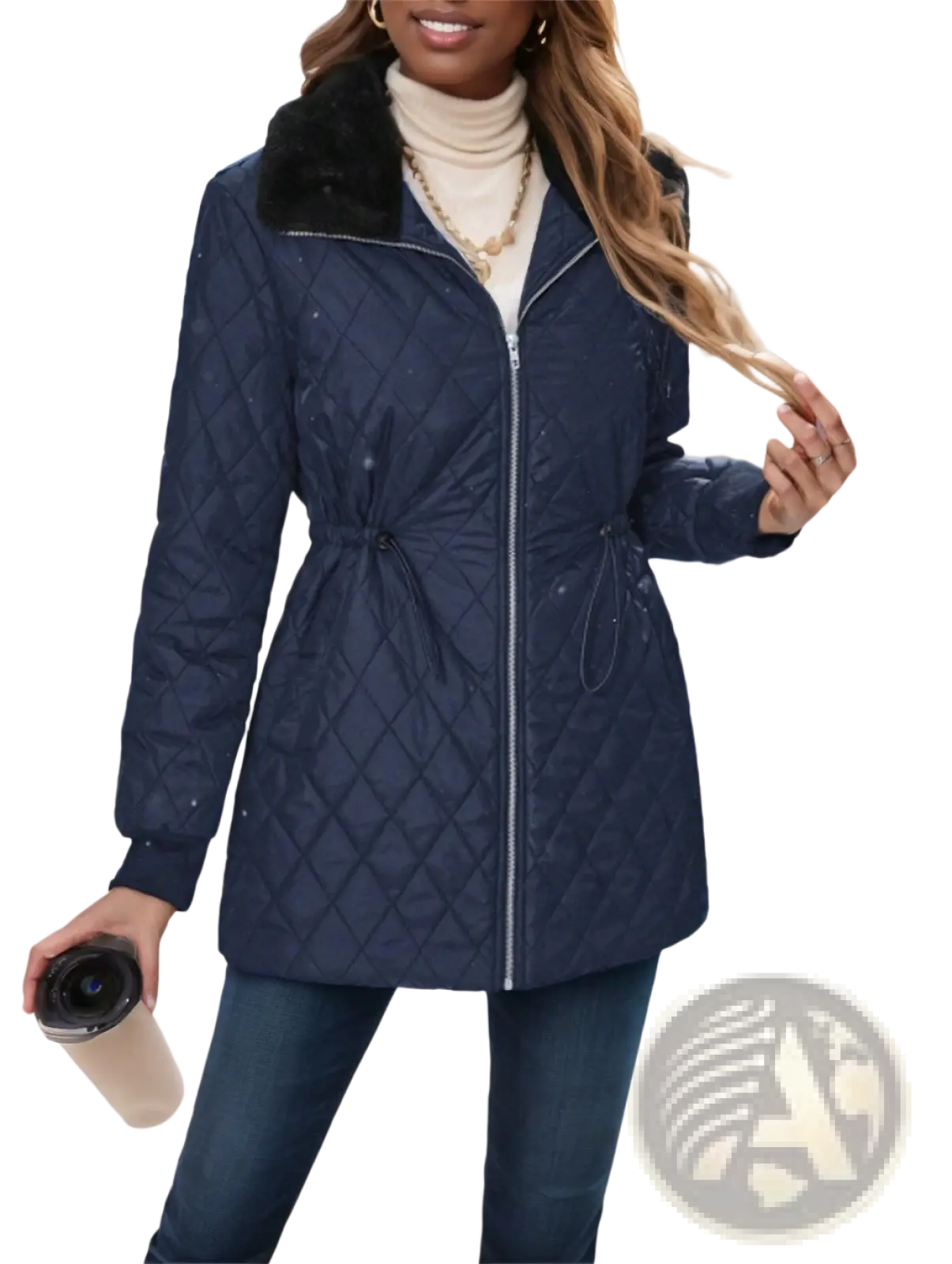 Navy blue quilted faux fur collar padded winter coat with drawstring waistband for cold weather wear