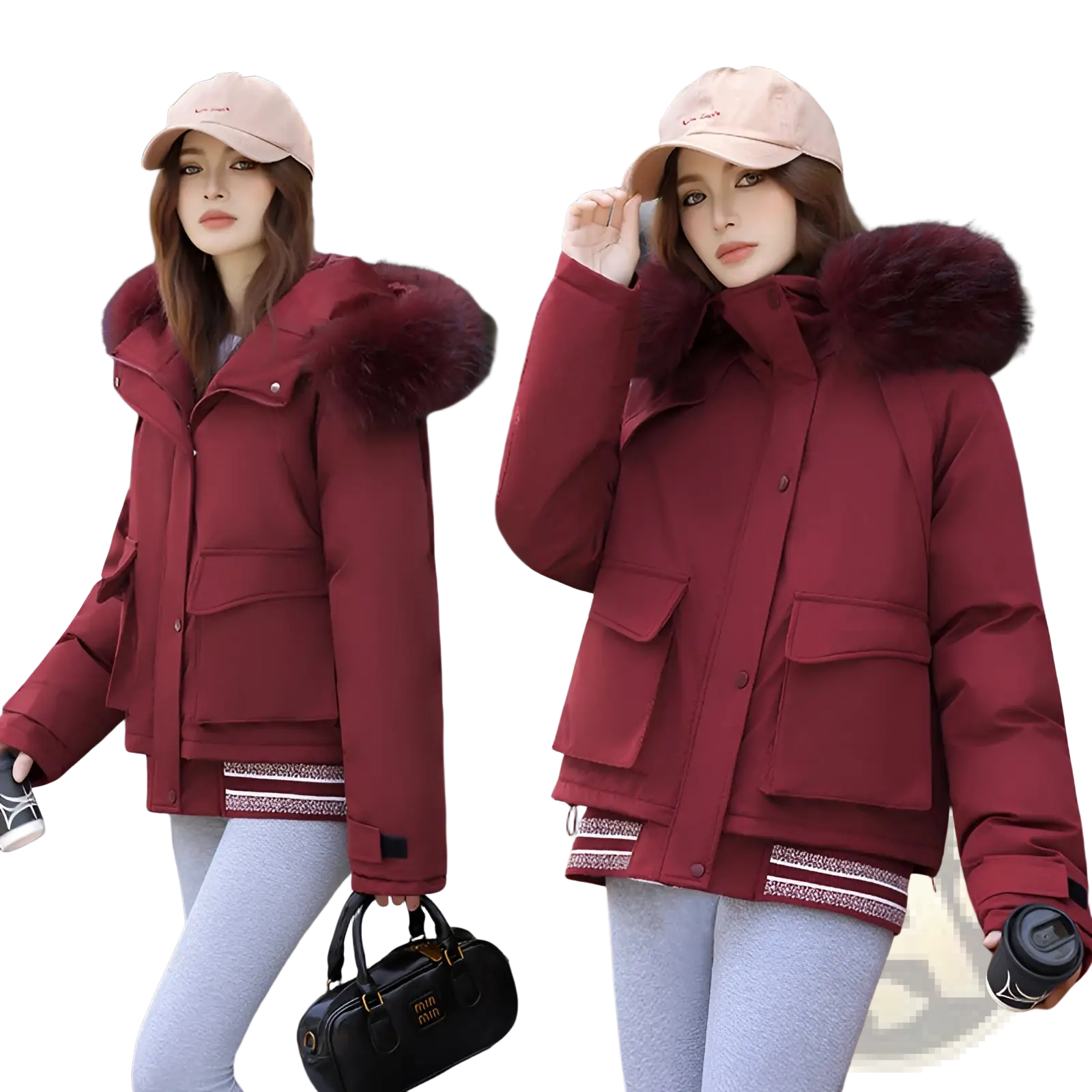 A maroon faux fur collar puffer jacket with a plush burgundy fur-lined hood and striped cuffs