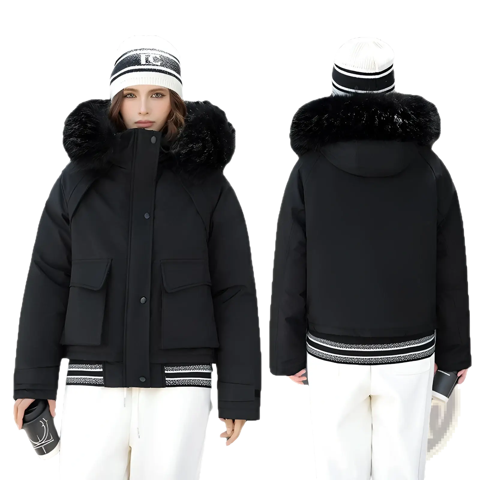 Black faux fur collar puffer jacket with plush hood and silver-striped trim on cuffs waistband and collar