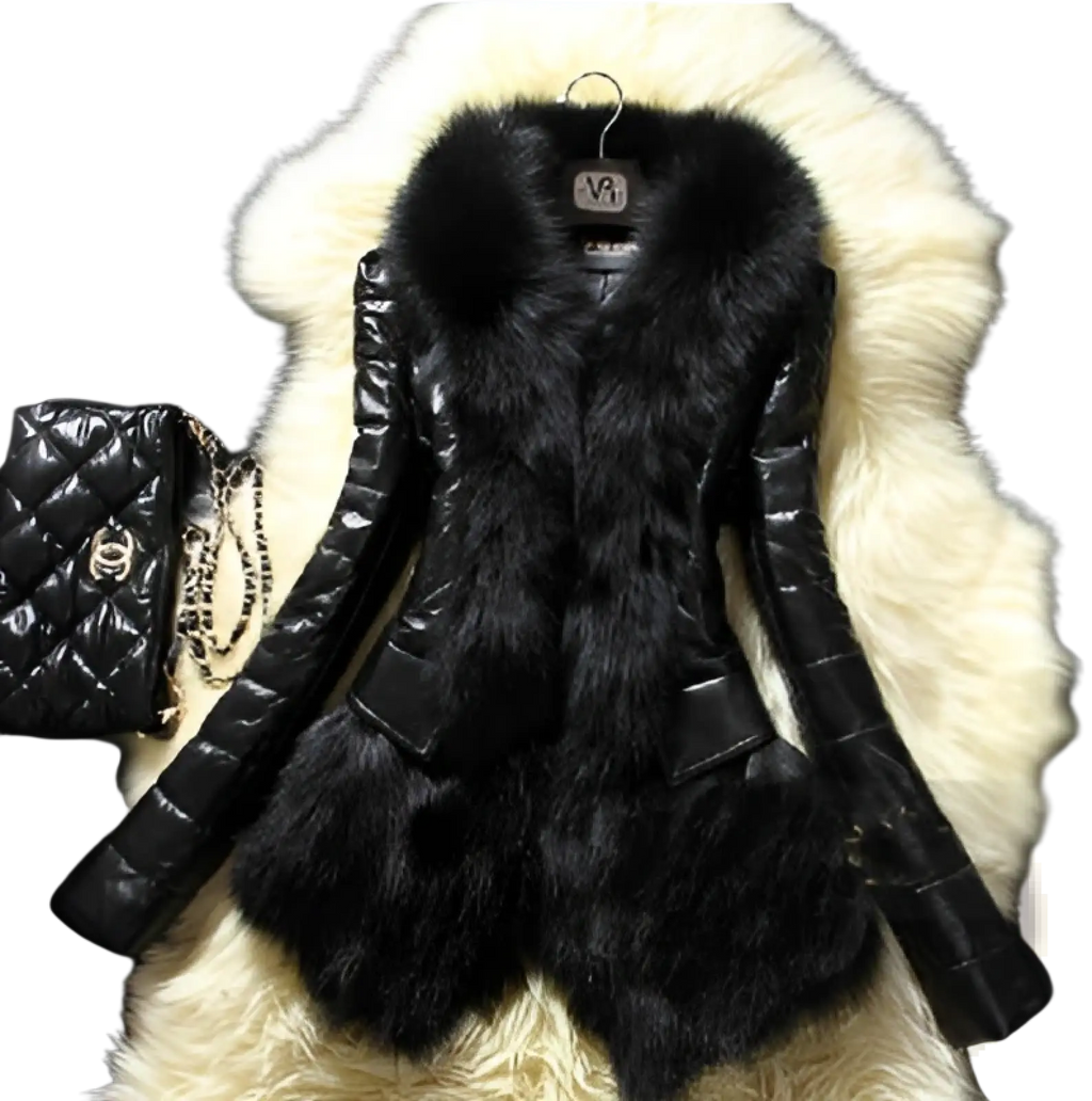 Black quilted faux fur vest with glossy patent leather finish and plush black fox fur collar for stylish warmth