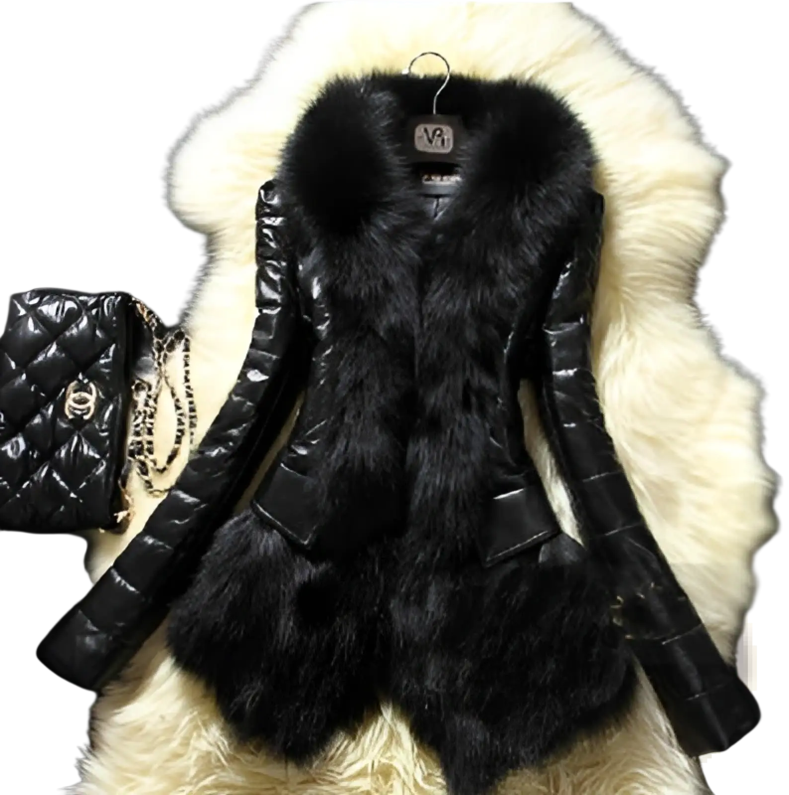 Black quilted faux fur vest with glossy patent leather finish and plush black fox fur collar for stylish warmth