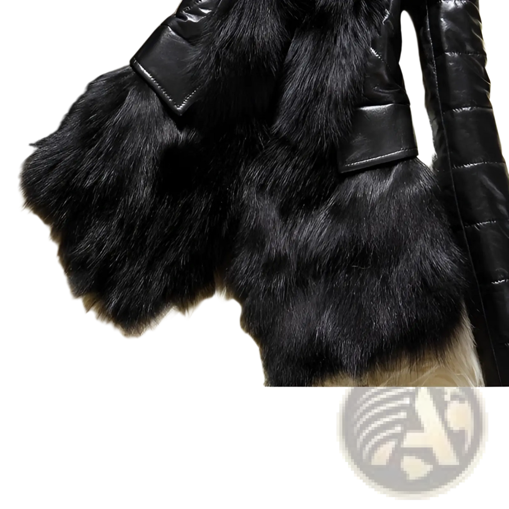 Black faux fur collar quilted leather jacket with shiny padded sleeves and plush dense texture