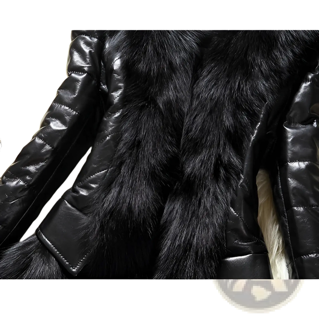 Black faux fur collar quilted leather jacket featuring shiny black leather trim and a warm faux fur lining