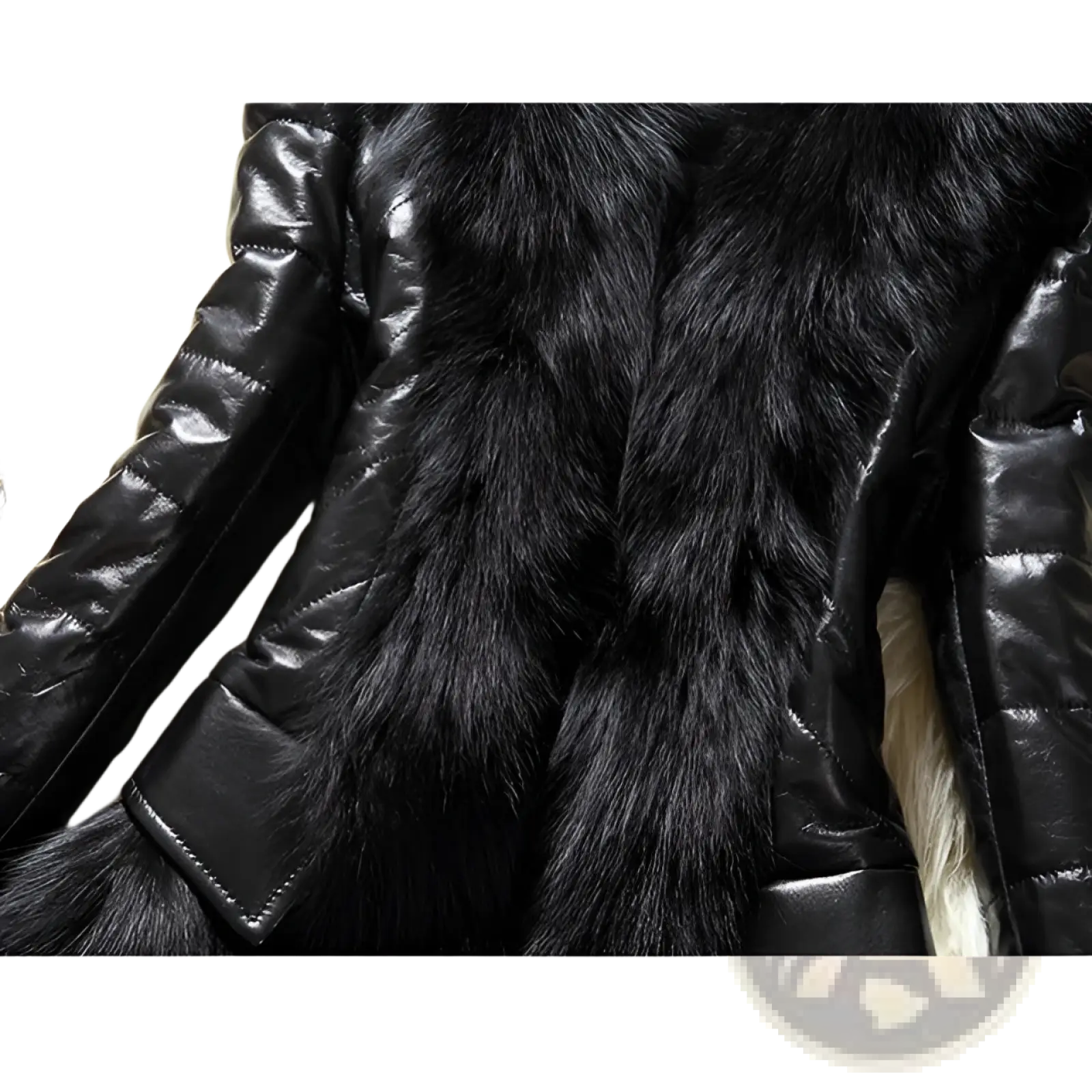 Black faux fur collar quilted leather jacket featuring shiny black leather trim and a warm faux fur lining