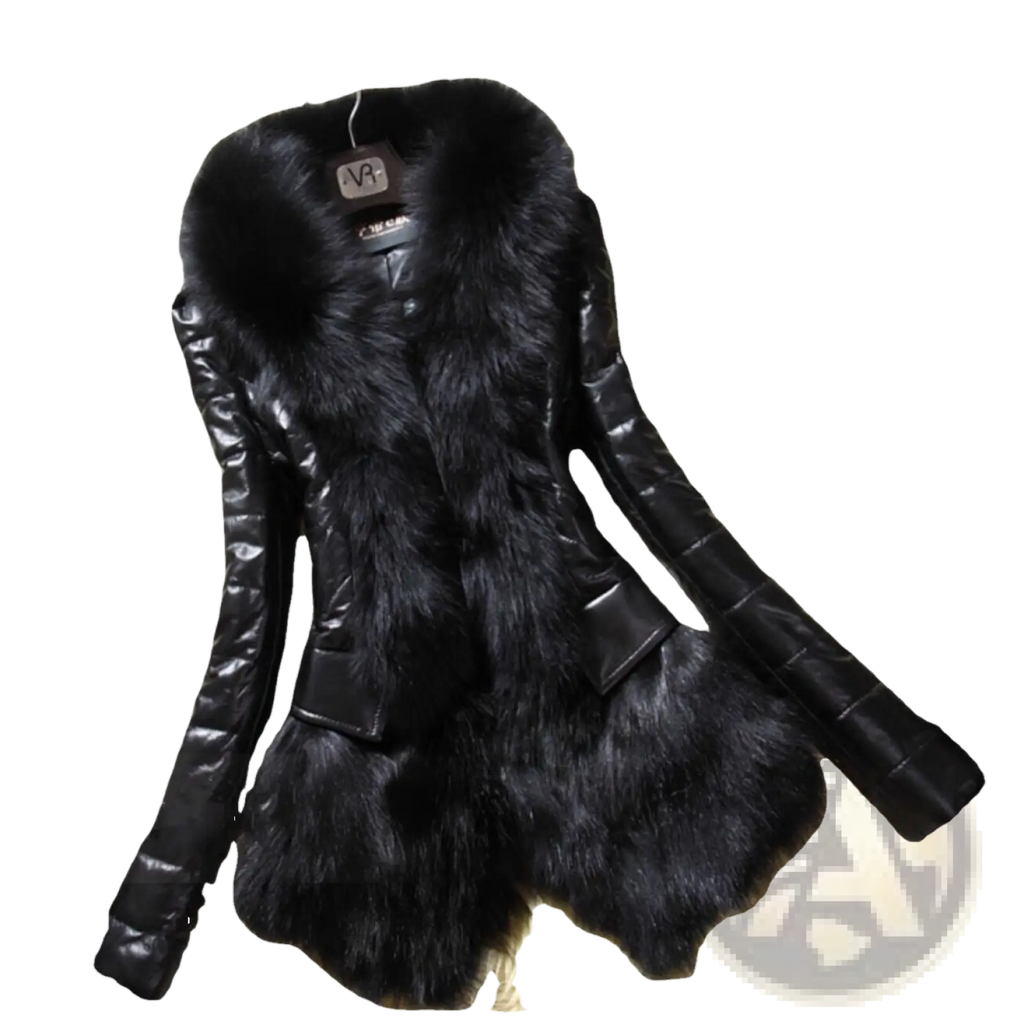 Black faux fur collar quilted leather jacket featuring plush lining and voluminous collar for stylish warmth