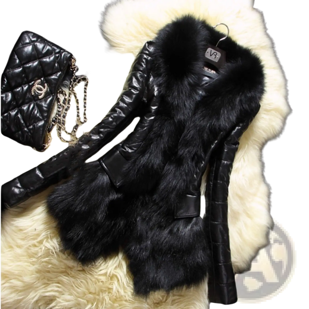 Black quilted faux fur-lined vest with shiny patent leather sleeves and plush black fox fur collar for stylish warmth