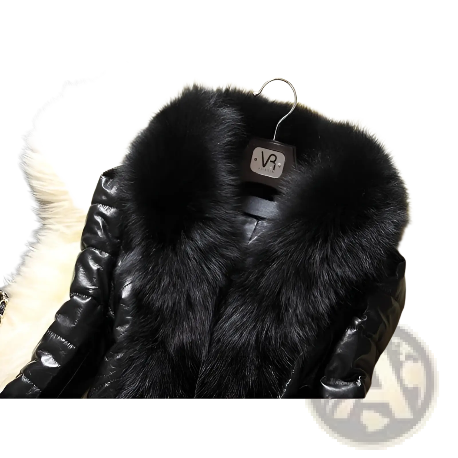 Black quilted leather puffer jacket with a plush faux fur collar for stylish cold weather wear