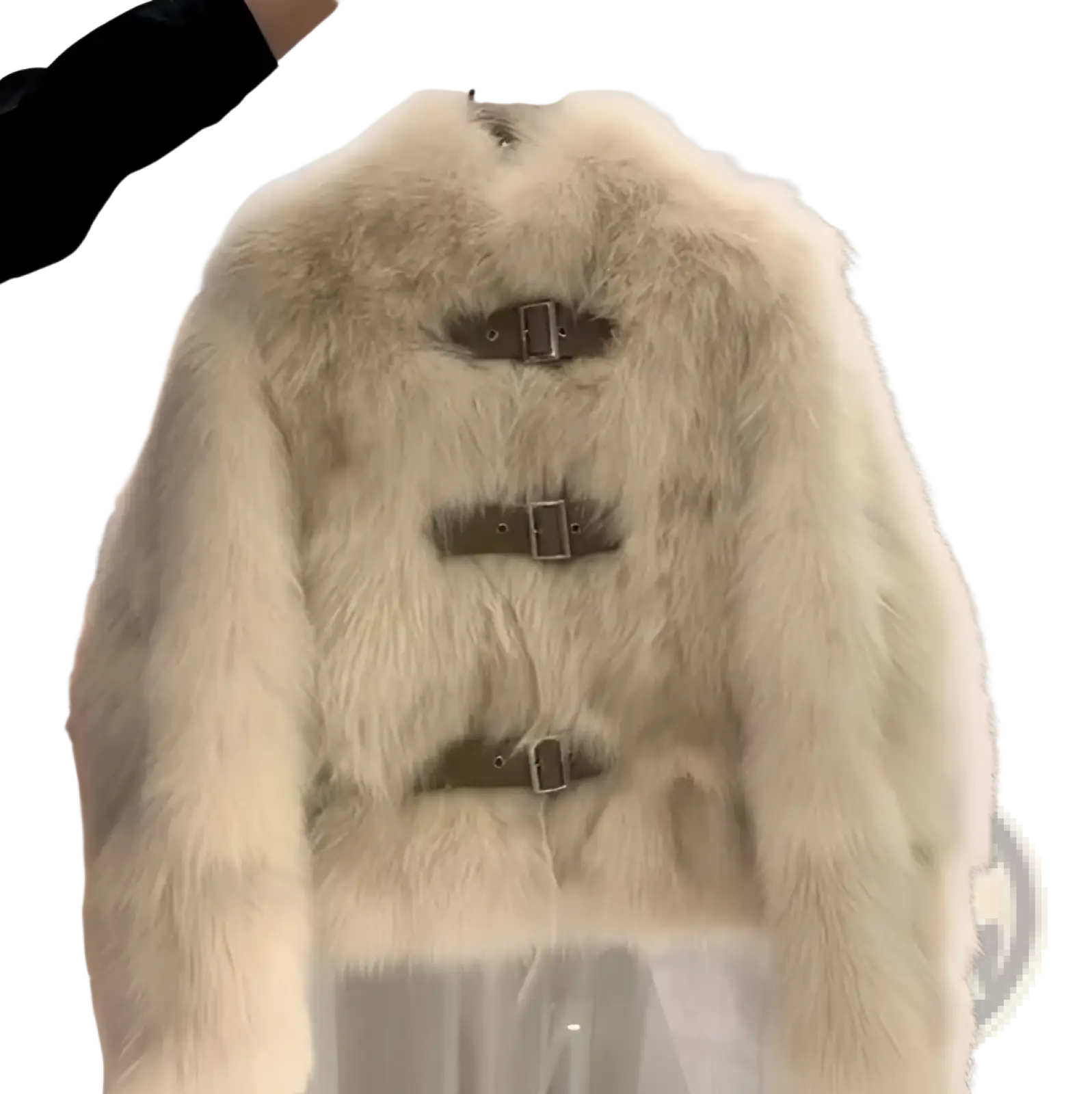 Cream-colored faux fur coat with three horizontal leather buckle straps across the front for stylish warmth