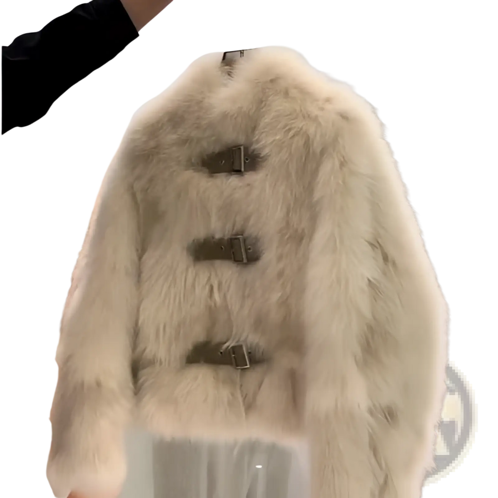 Cream-colored faux fur buckle coat featuring three dark metal buckles down the front for stylish warmth