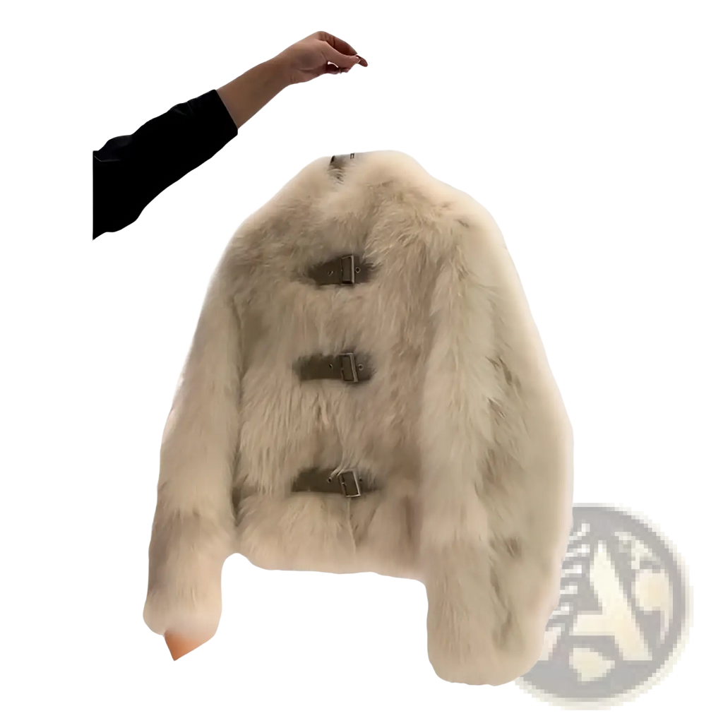 Cream-colored faux fur coat featuring three horizontal metal buckles down the front for stylish warmth
