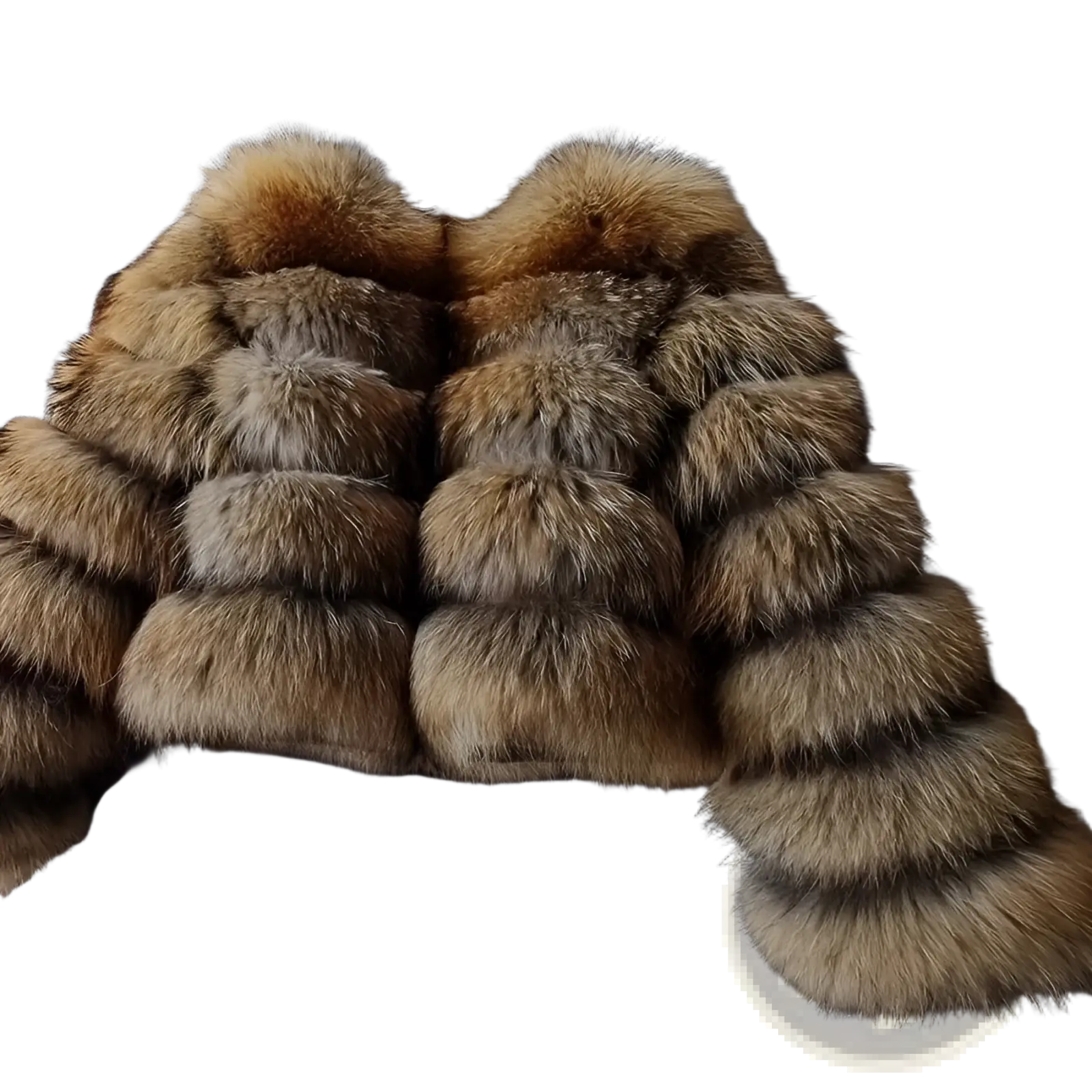 A luxurious faux fur cropped winter coat with layered fox fur in rich golden-brown and tan tones
