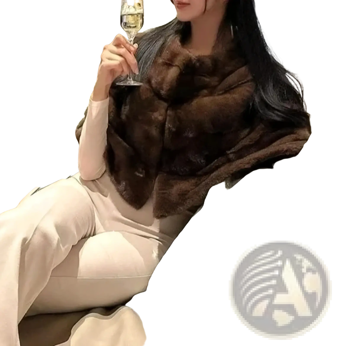 A luxurious brown faux fur cropped winter jacket for women with a soft plush stole draped over the shoulders