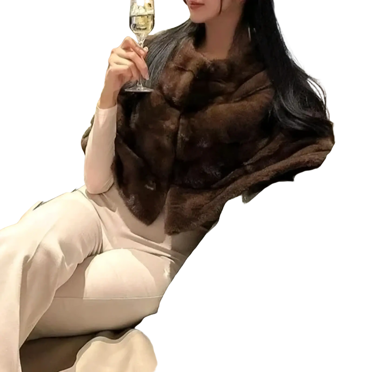 A luxurious brown faux fur cropped winter jacket for women with a soft plush stole draped over the shoulders