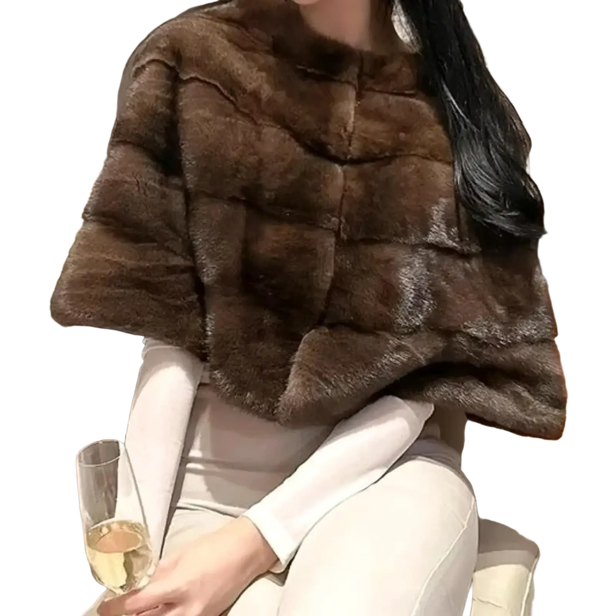 A rich dark brown faux fur cropped winter jacket for women with plush layered texture and high collar