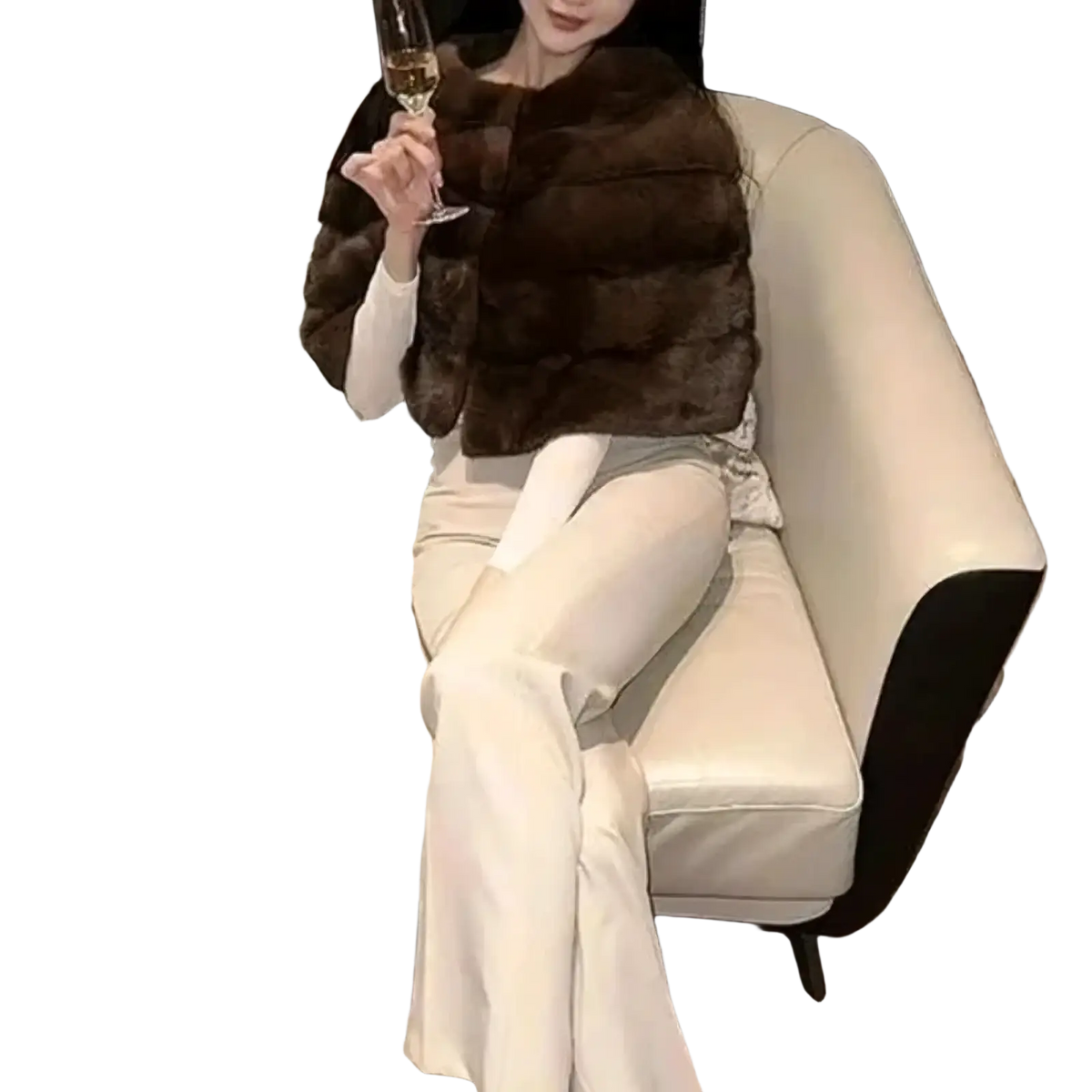 Faux fur cropped winter jacket for women in rich dark brown with plush texture and soft layered appearance