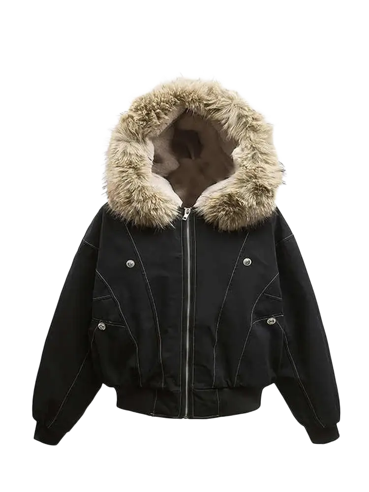 Black matte-finish bomber jacket with plush light brown faux fur-lined hood and silver snap buttons winter warm coat