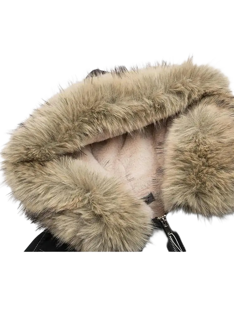 Black winter bomber jacket with plush tan faux fur hood designed for warmth and style in cold weather