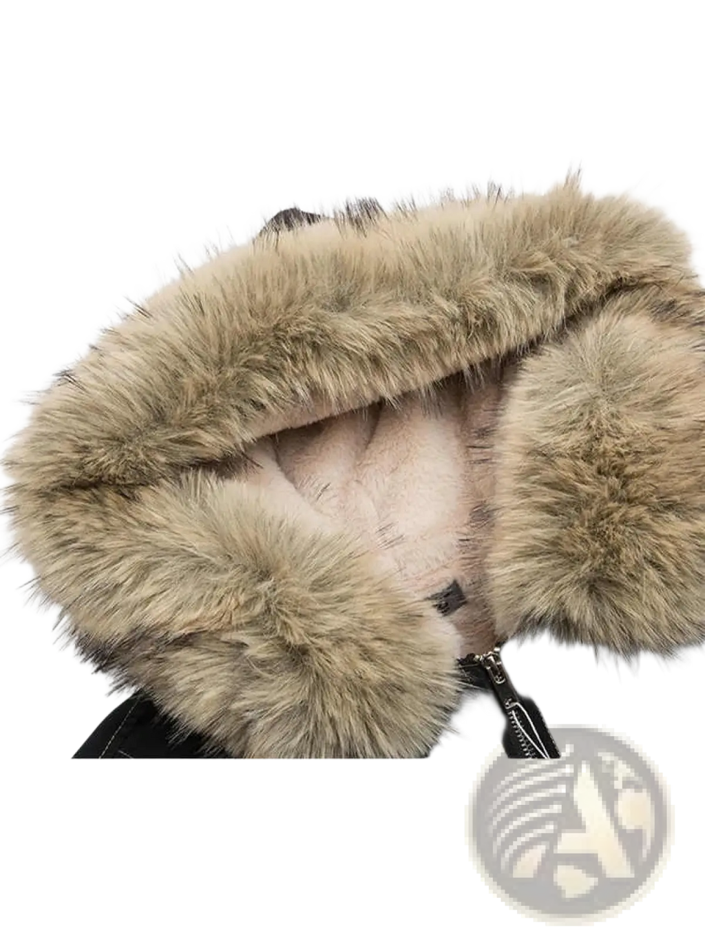 Black winter bomber jacket with plush tan faux fur hood designed for warmth and style in cold weather