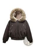 Dark brown faux fur hooded bomber jacket with plush light beige lining and silver-toned snap buttons for winter wear