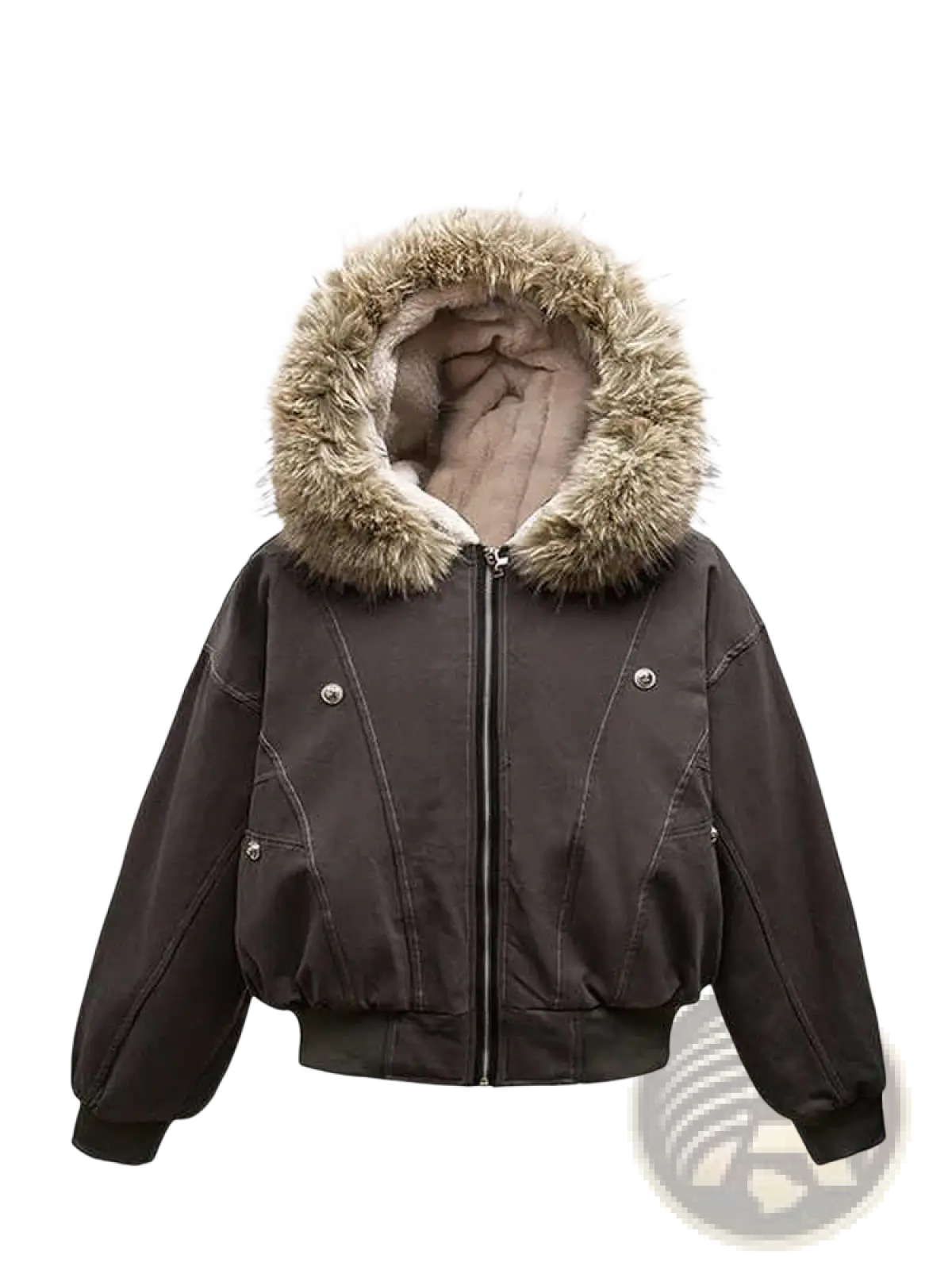 Dark brown faux fur hooded bomber jacket with plush light beige lining and silver-toned snap buttons for winter wear