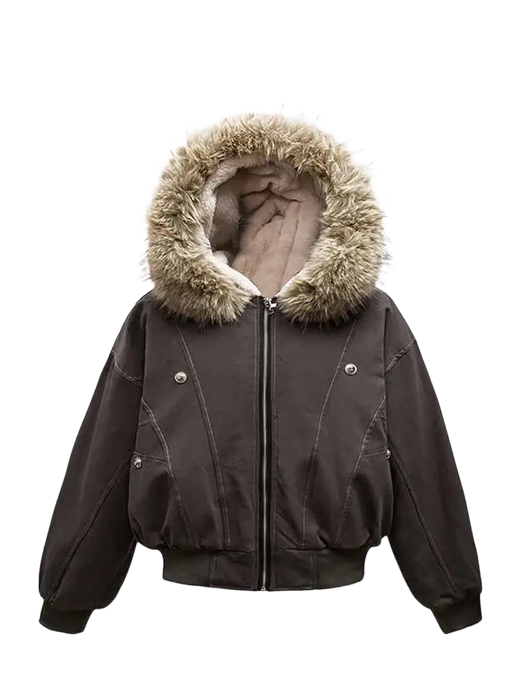 Dark brown faux fur hooded bomber jacket with plush light beige lining and silver-toned snap buttons for winter wear