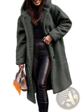 Olive green faux fur hooded long coat with plush textured surface and front button closure