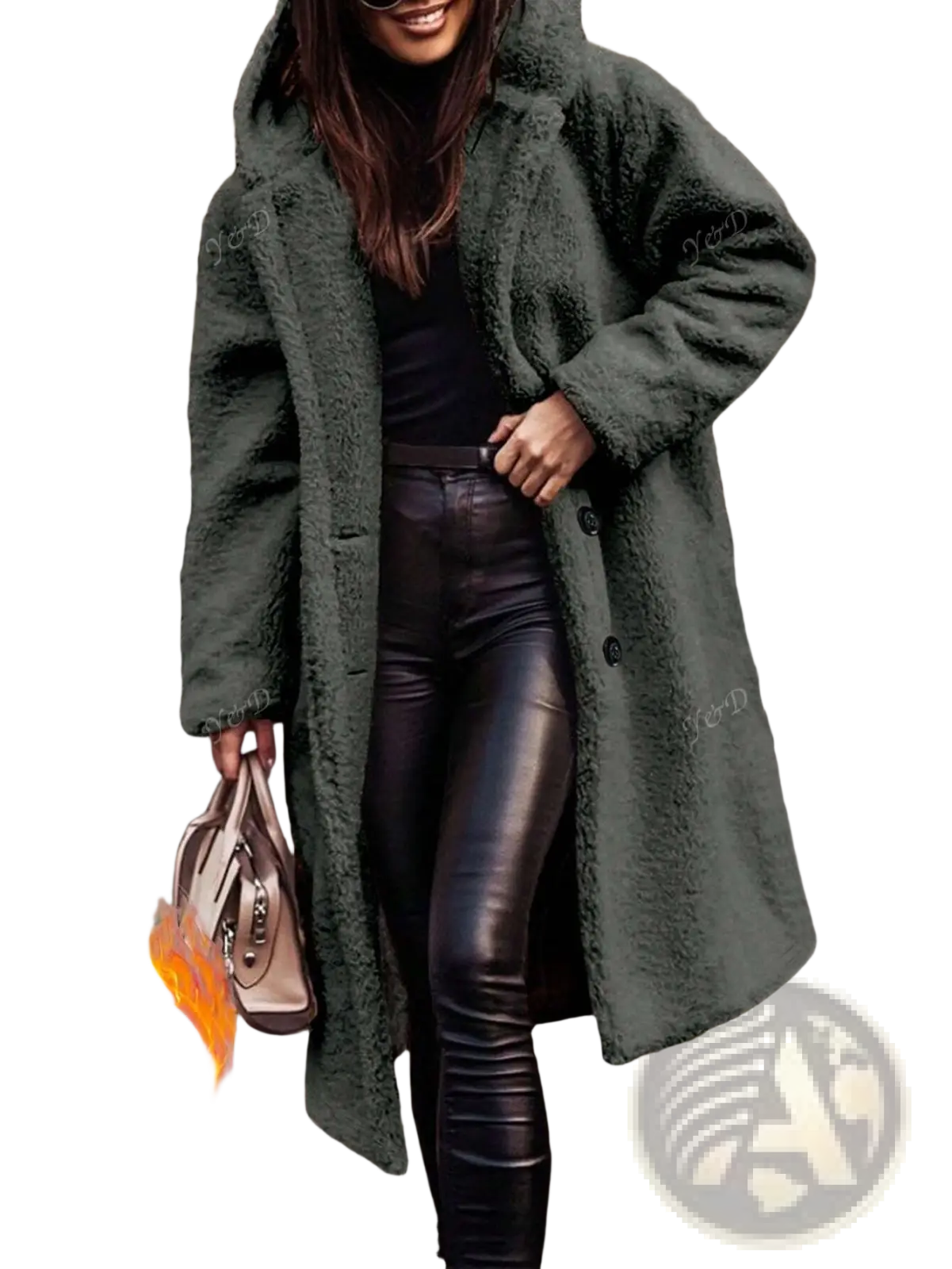 Olive green faux fur hooded long coat with plush textured surface and front button closure