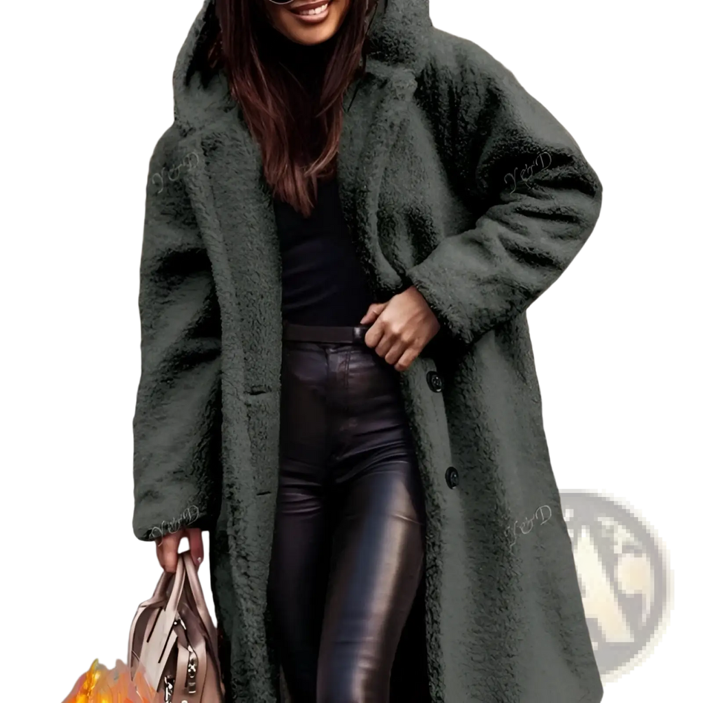 Olive green faux fur hooded long coat with plush textured surface and button closures for winter wear
