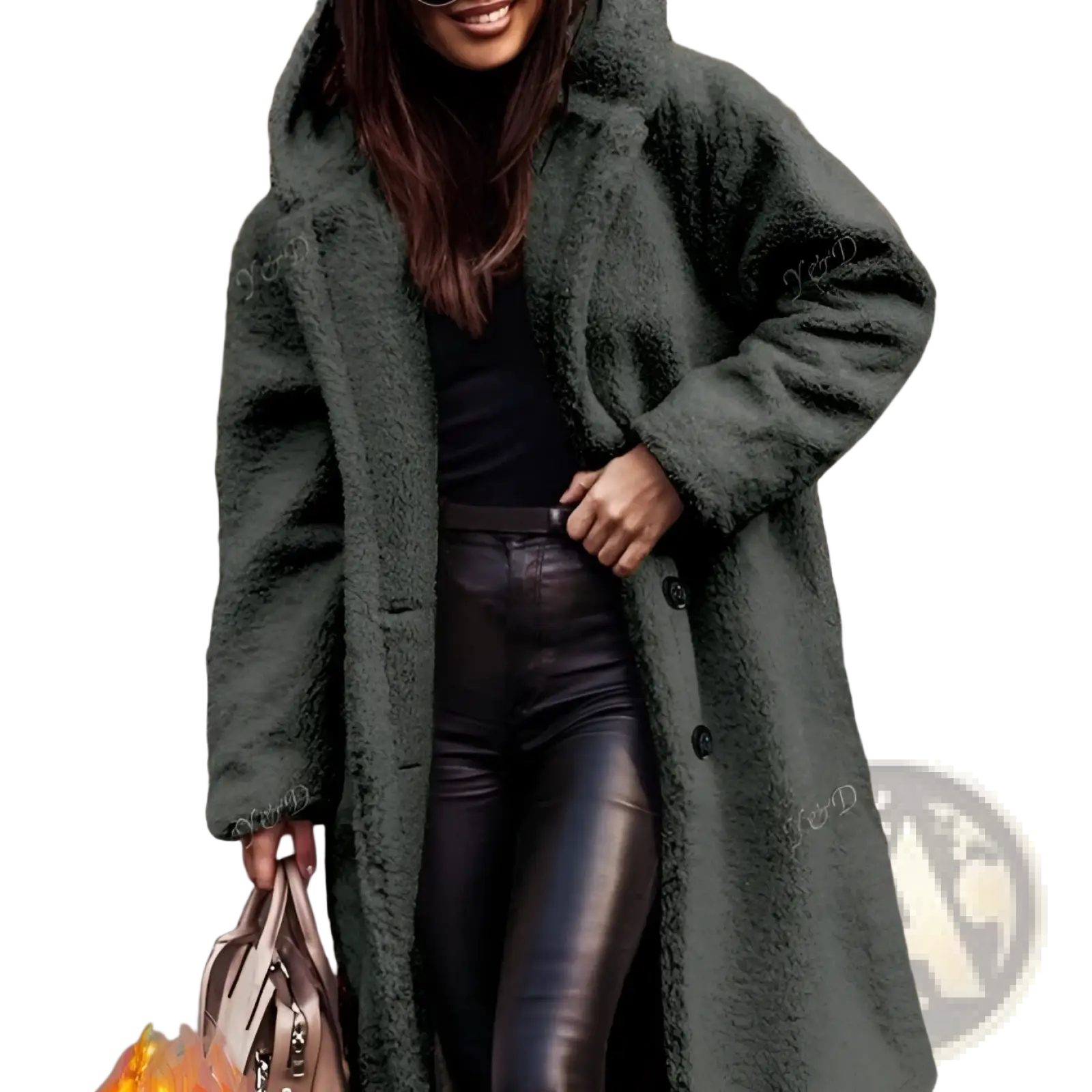 Olive green faux fur hooded long coat with plush textured surface and button closures for winter wear