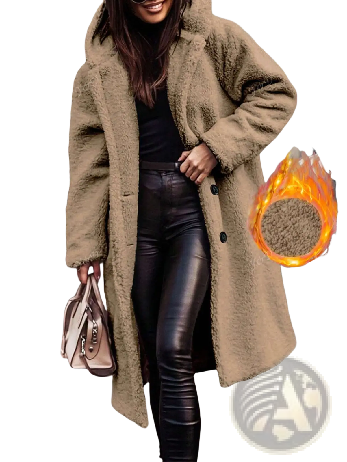Beige faux fur coat with a cozy hood and plush texture featured as an olive green hooded long coat product