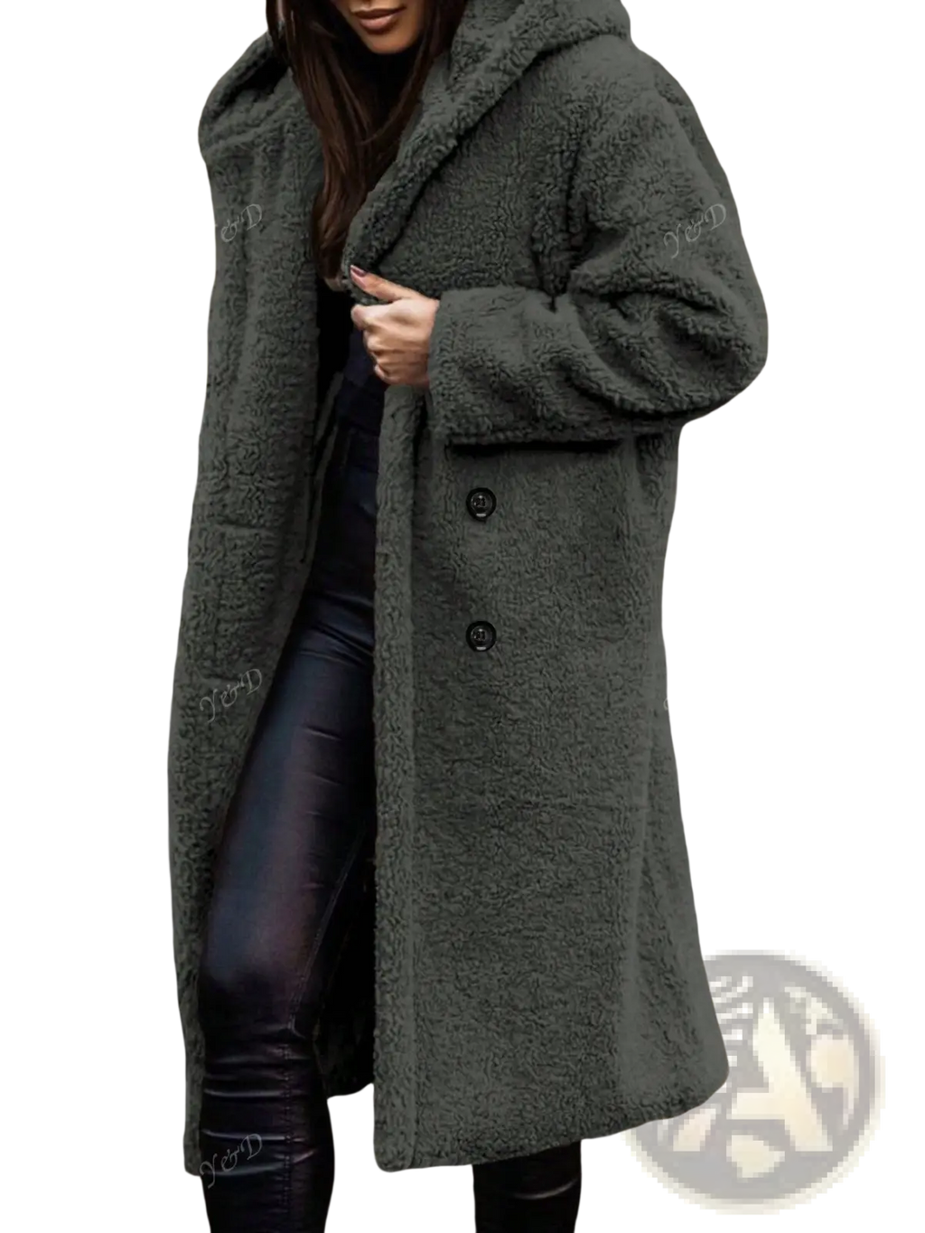 Cozy dark olive green faux fur hooded long coat with double breasted front for winter wear
