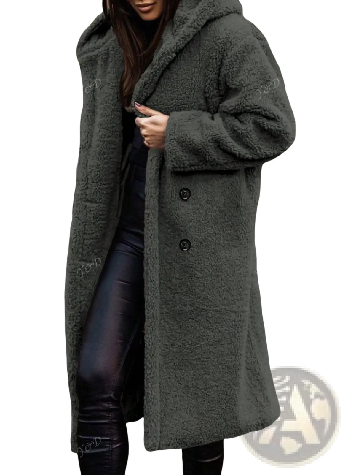 Cozy dark olive green faux fur hooded long coat with double breasted front for winter wear