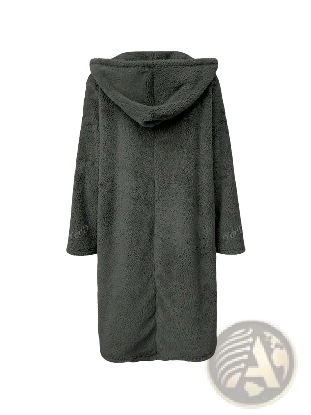 Dark gray plush fleece-lined hooded coat with soft textured surface and long sleeves in faux fur hooded long coat olive green style