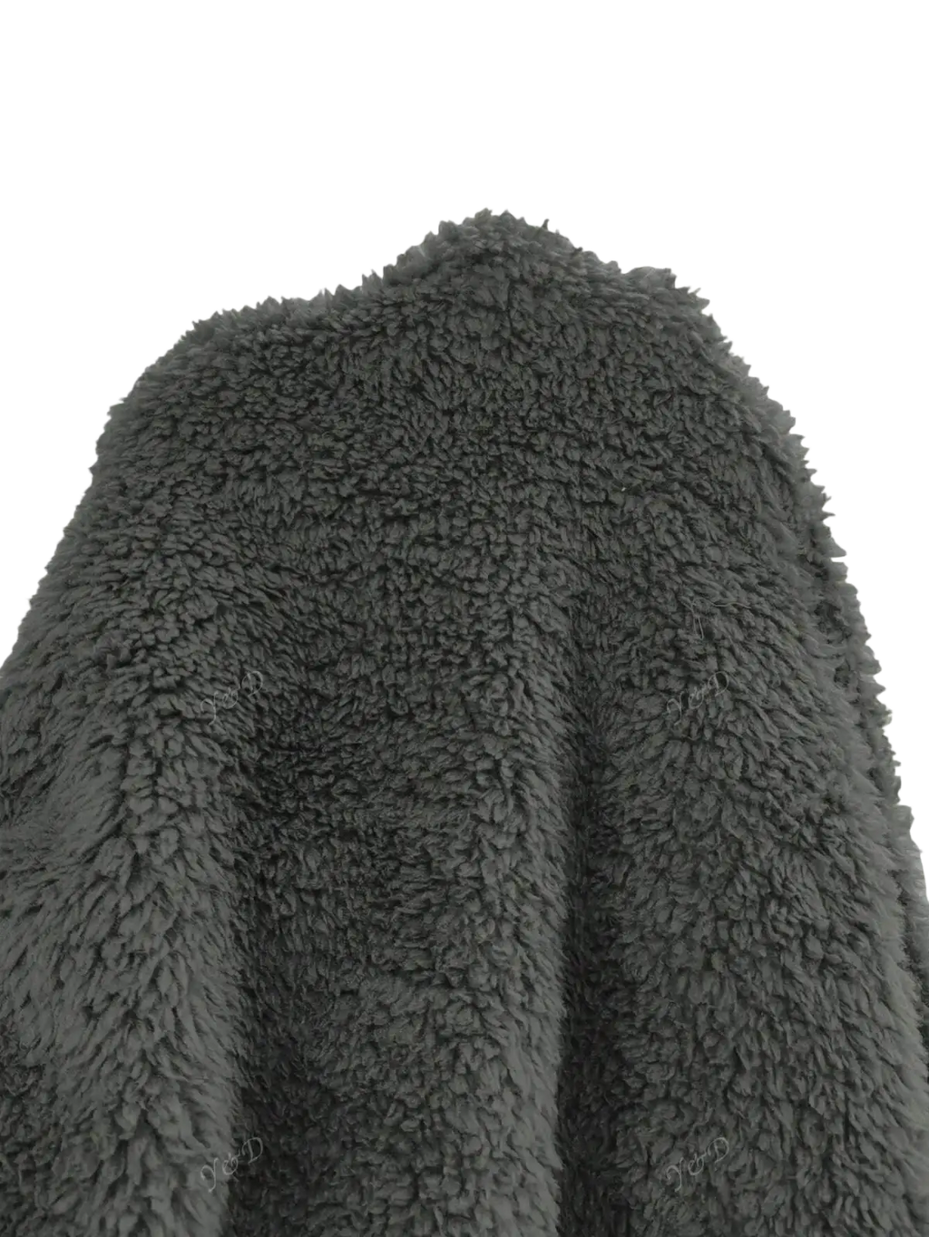 Dark gray plush fleece fabric detail of a faux fur hooded long coat in olive green demonstrating softness and texture