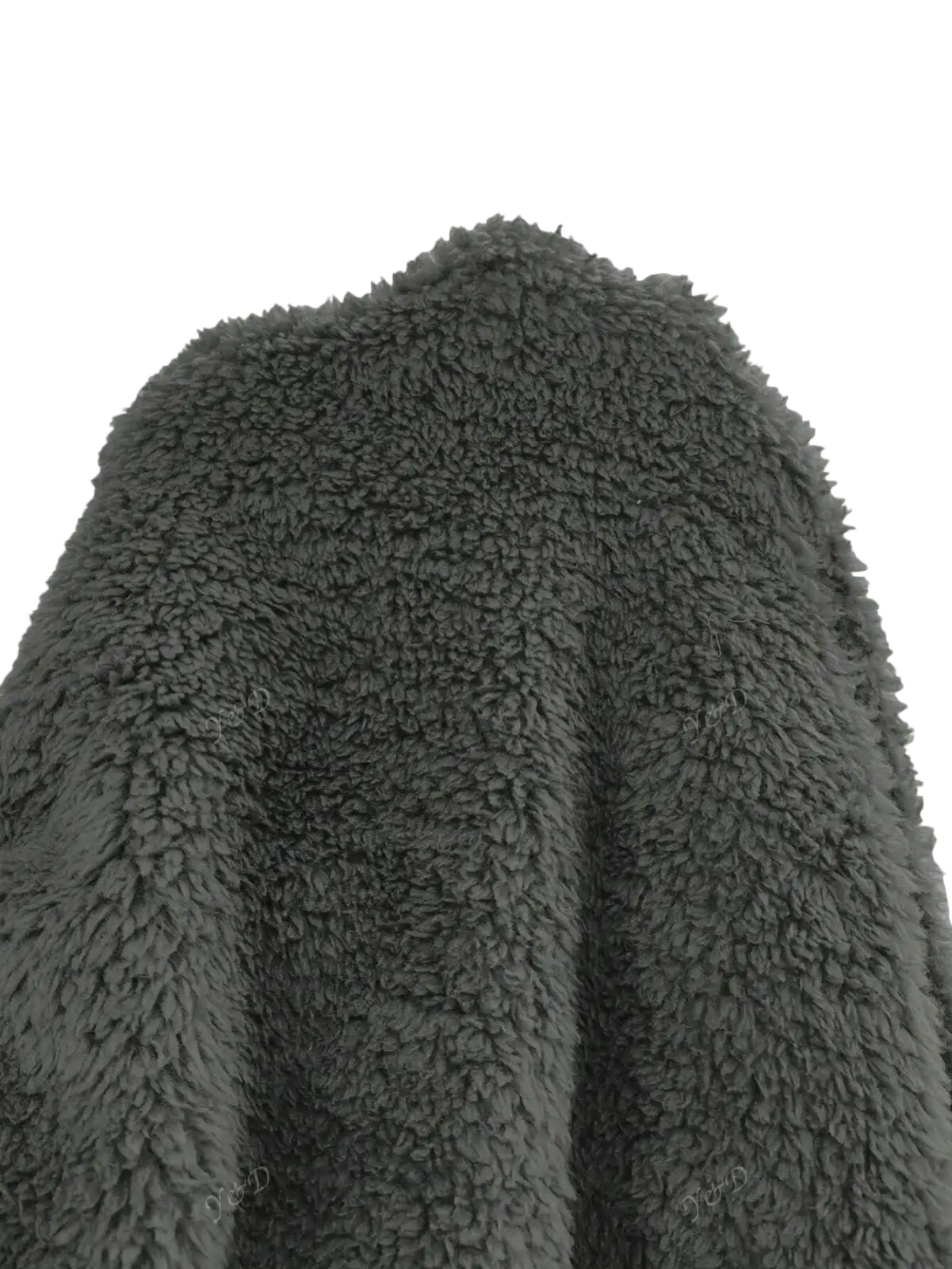 Dark gray plush fleece fabric detail of a faux fur hooded long coat in olive green demonstrating softness and texture