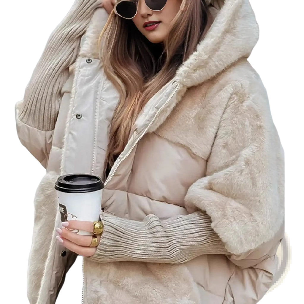 Beige faux fur hooded puffer coat with plush lining and ribbed knit cuffs for warmth and style