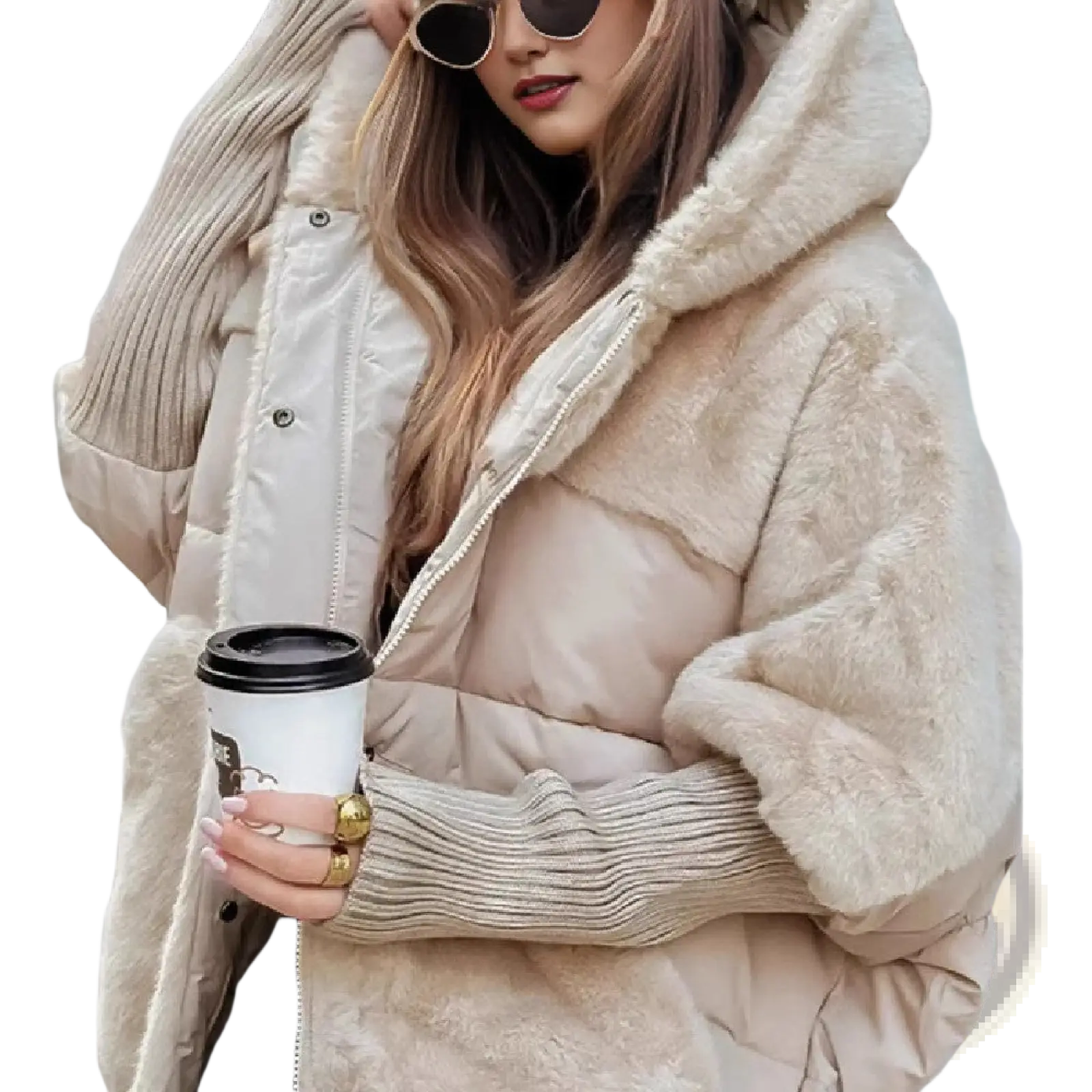 Beige faux fur hooded puffer coat with plush lining and ribbed knit cuffs for warmth and style