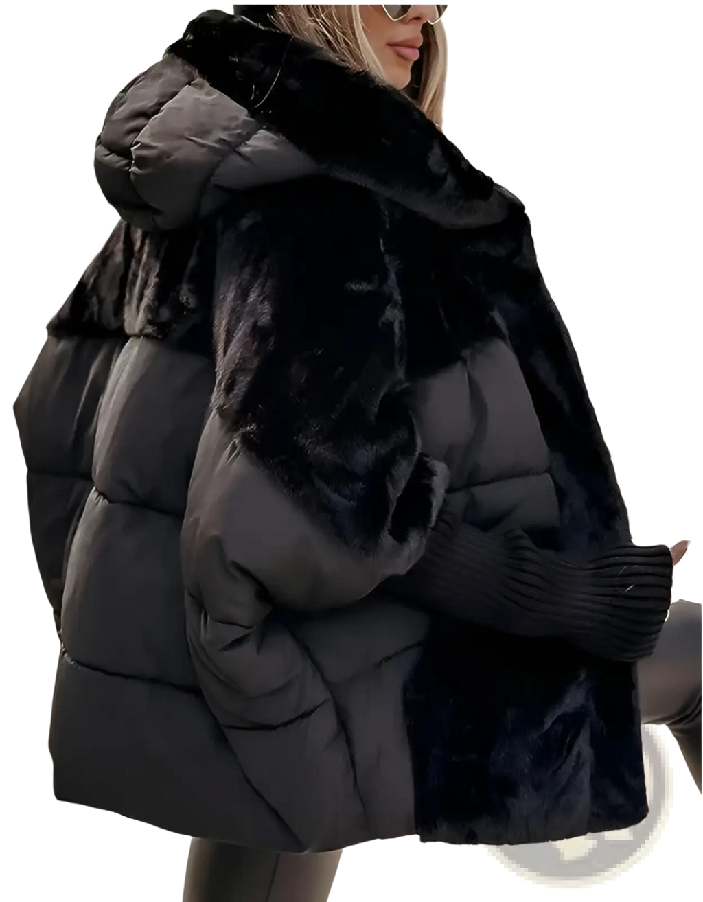 Black faux fur hooded puffer coat with plush faux fur-lined hood and cuffs for warmth and style