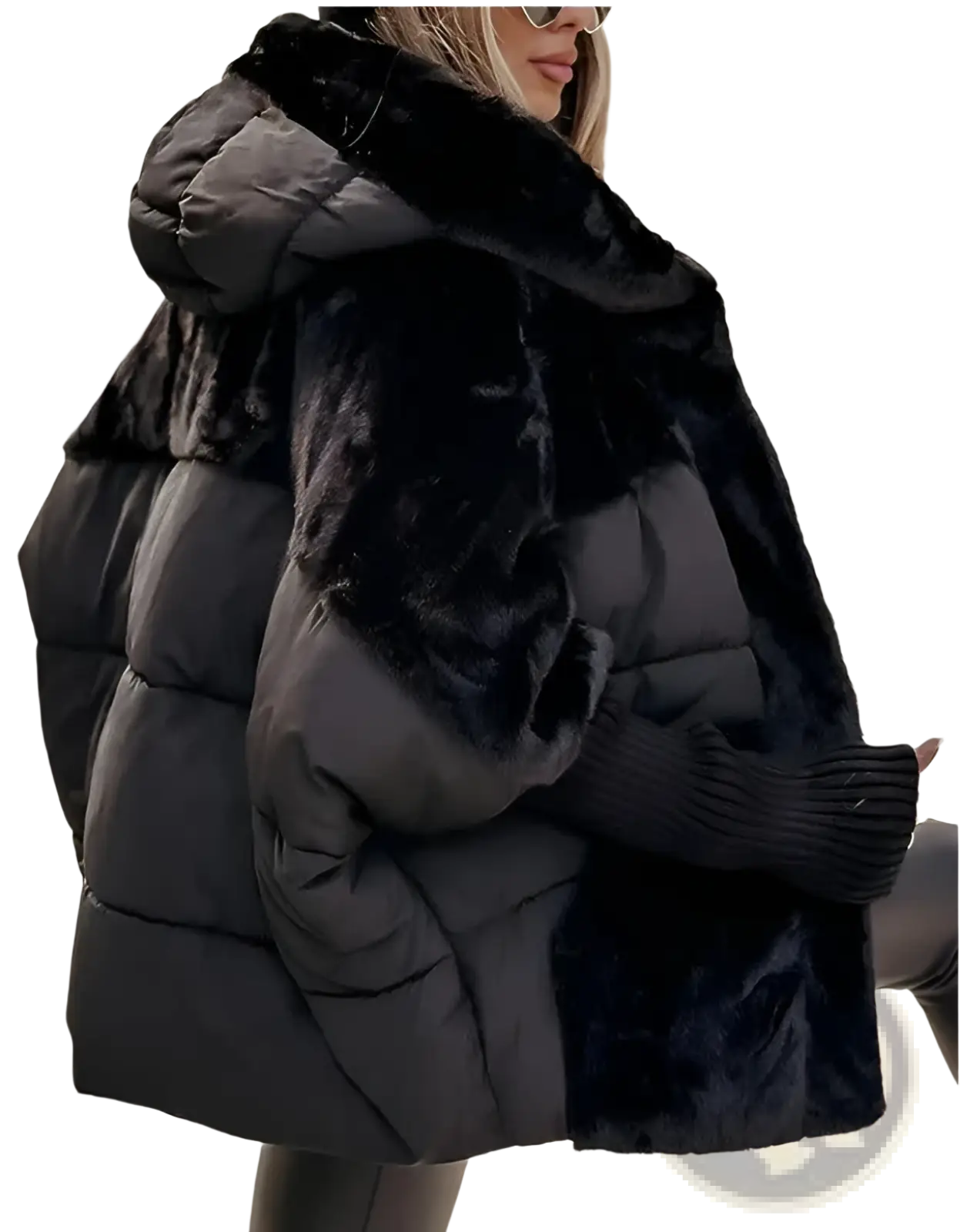 Black faux fur hooded puffer coat with plush faux fur-lined hood and cuffs for warmth and style