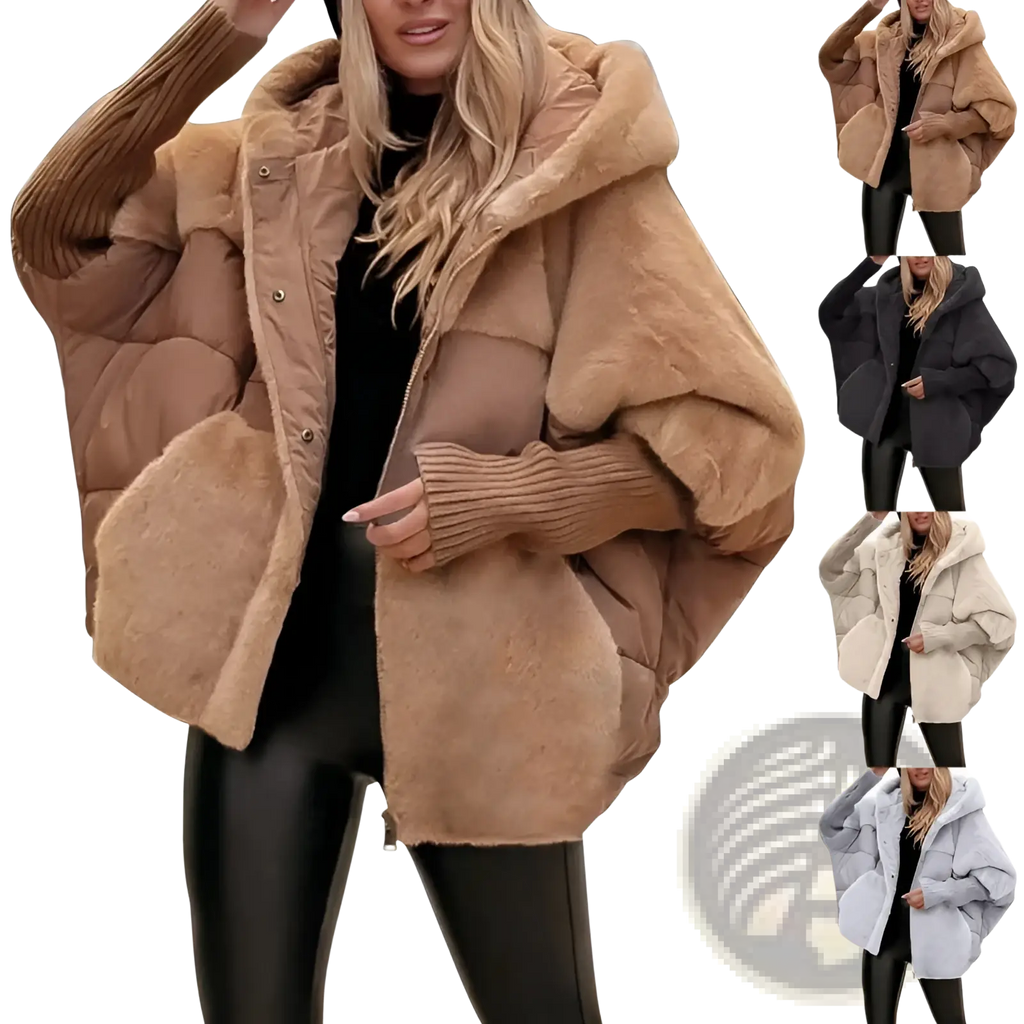 Tan faux fur hooded puffer coat featuring ribbed knit cuffs and lining for warmth and style