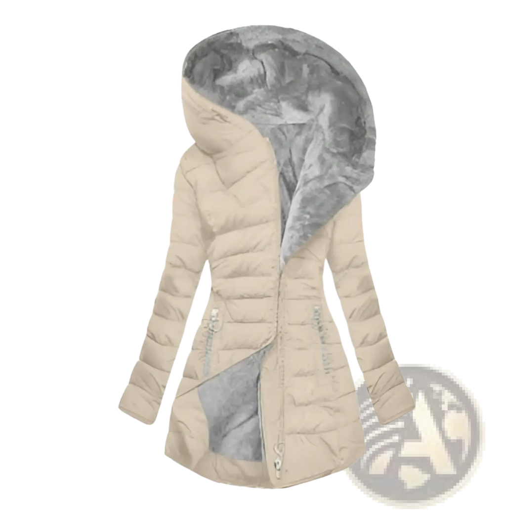Beige faux fur hooded quilted winter jacket with a plush gray-lined interior for cold weather use