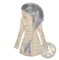 Beige faux fur hooded quilted winter jacket with a plush gray-lined interior for cold weather use